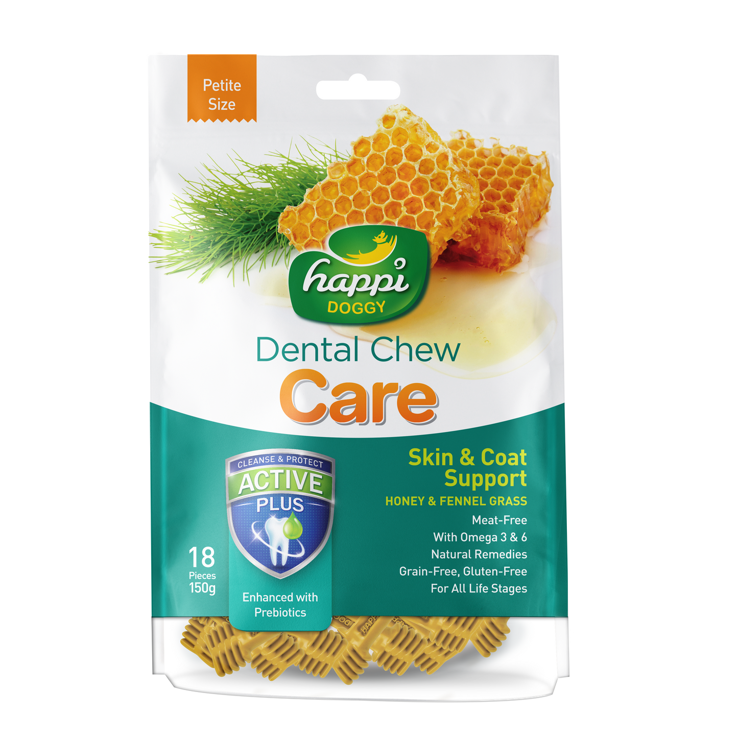 Happi Doggy Dental Chew Care Skin & Coat Support With Fennel Grass & Honey - Regular 4" 150g